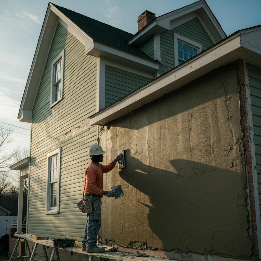 SMG Plastering technician applying fresh plaster to the exterior wall of a home in Media, Pennsylvania