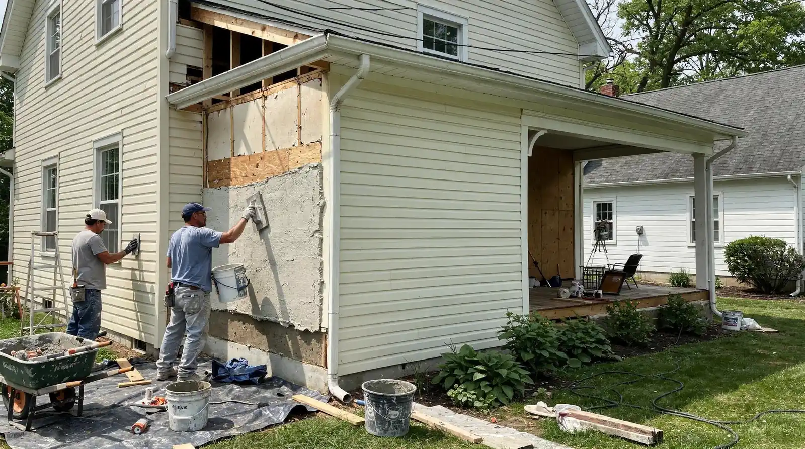 SMG Plastering crew working on the exterior wall of a house in Delaware County, Pennsylvania