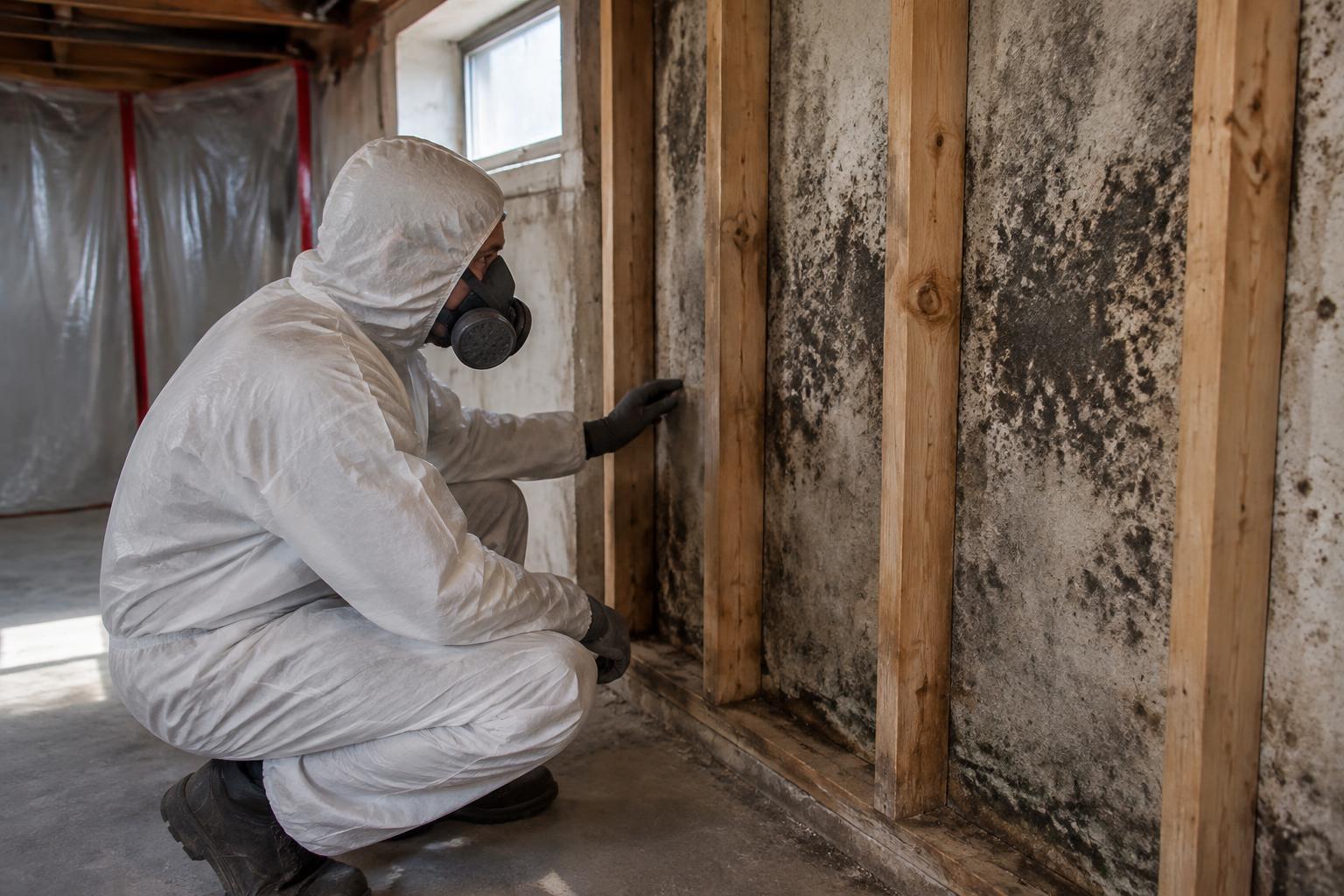 Mold remediation technician in protective suit inspecting mold-damaged wall framing in a Media, Pennsylvania basement