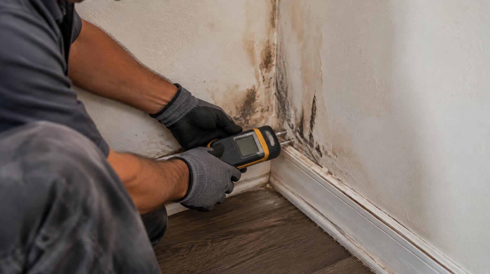 Technician checking a mold-stained wall corner with a moisture meter in a Media, PA home