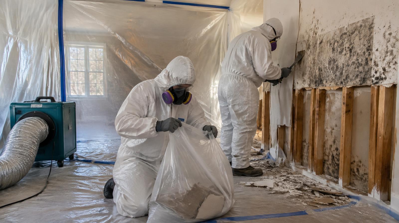 Crew in protective suits removing and bagging mold-damaged drywall inside plastic containment