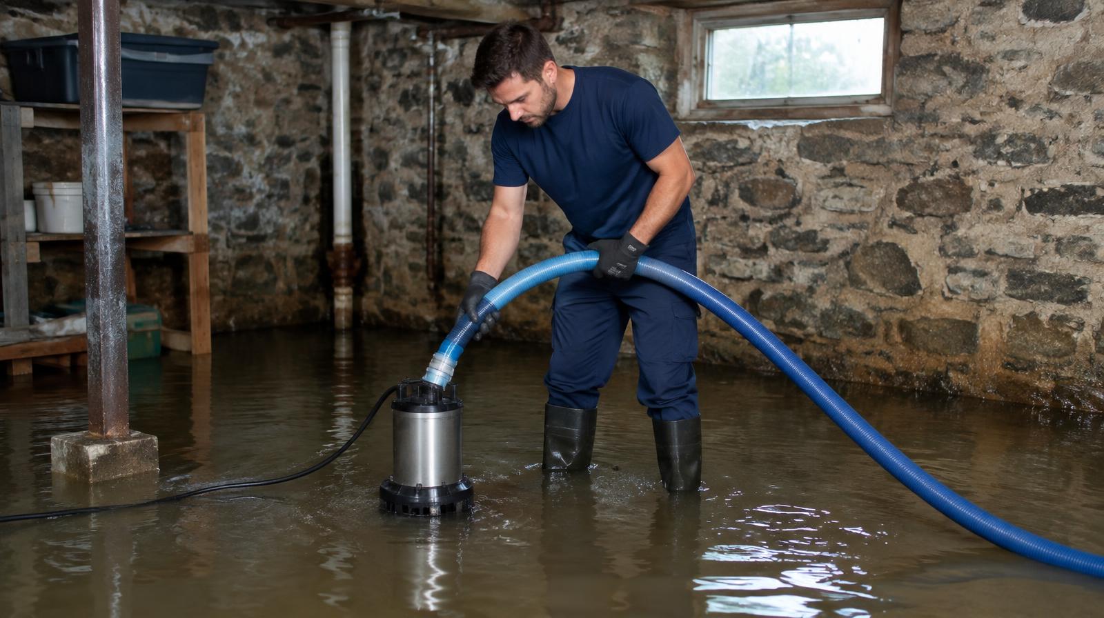 Technician pumping standing water out of a flooded stone basement in Philadelphia