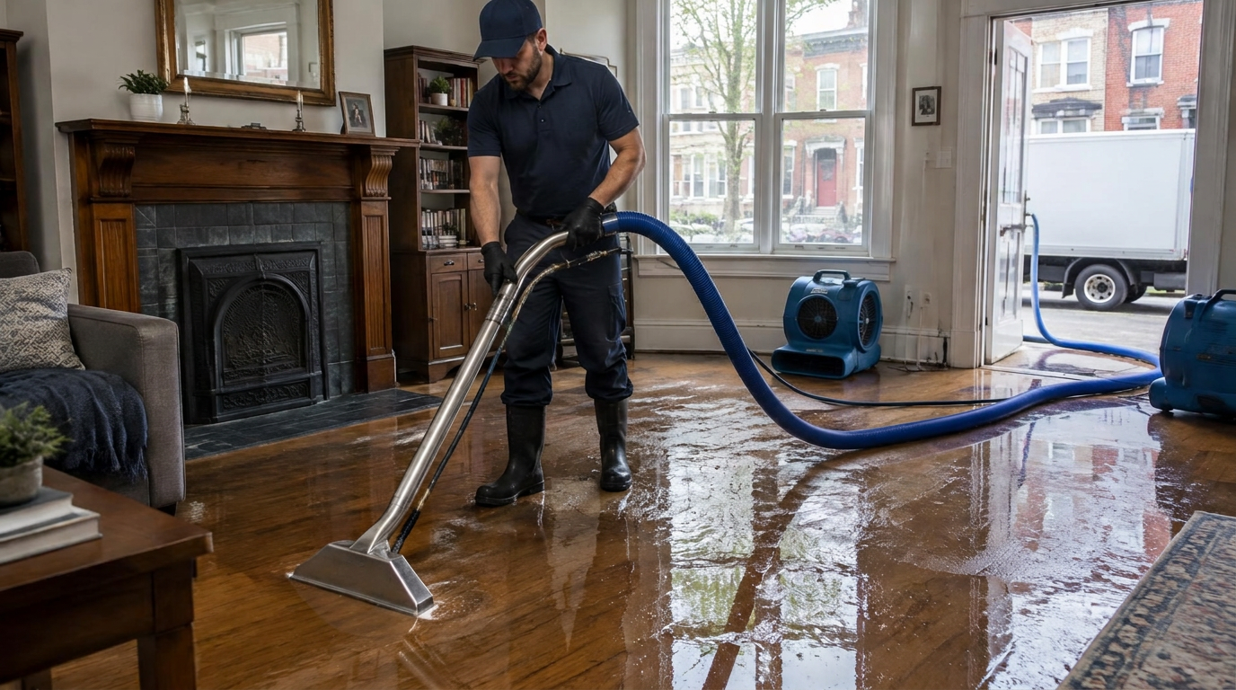 Water extraction equipment removing standing water from a flooded room in Philadelphia, PA