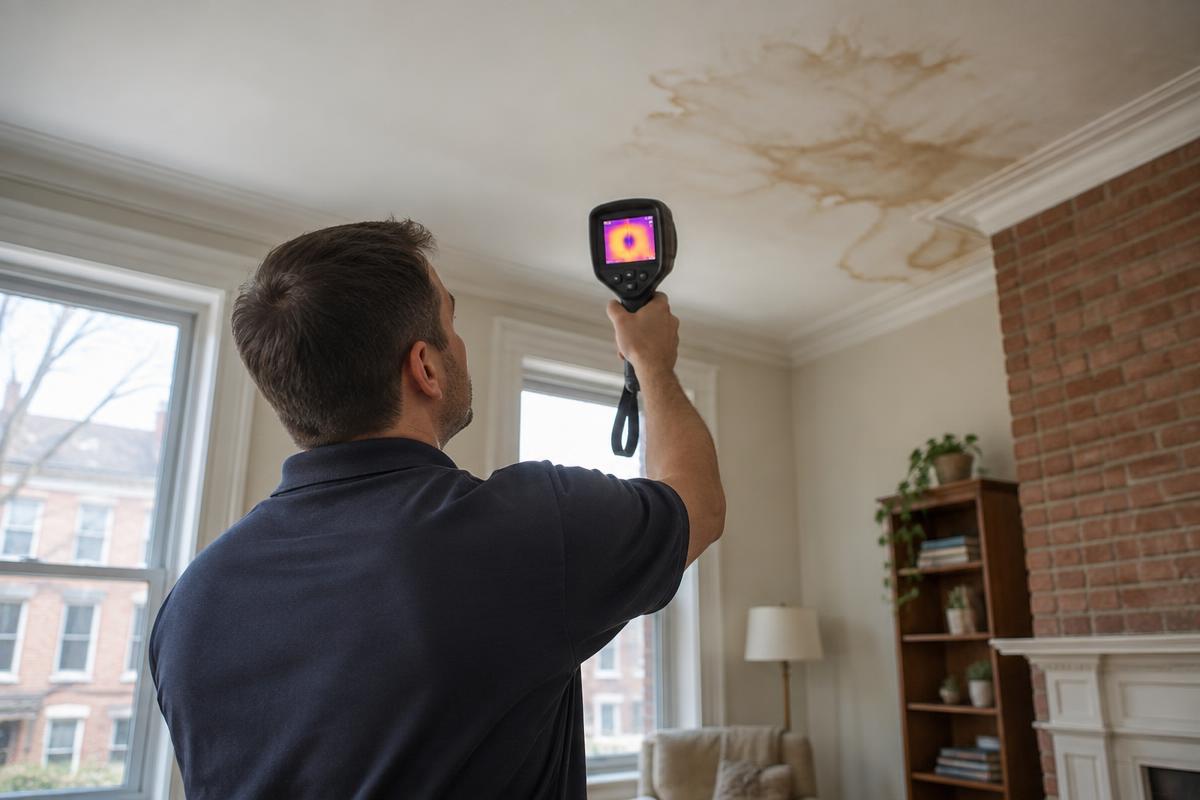 Technician using a thermal imaging camera to trace hidden water behind a stained ceiling