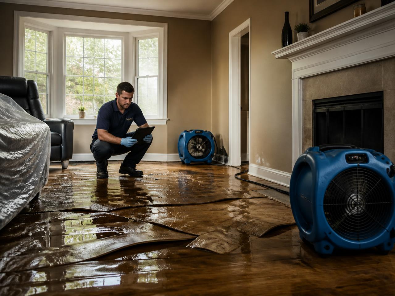 Restoration crew rebuilding a water-damaged interior