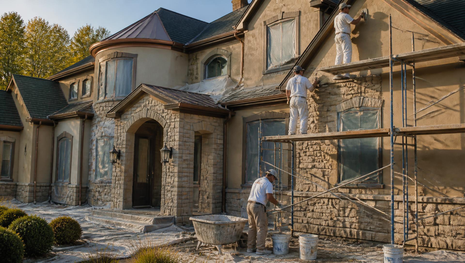 Restored stucco and stone home exterior completed by SMG Plastering INC in Media, PA