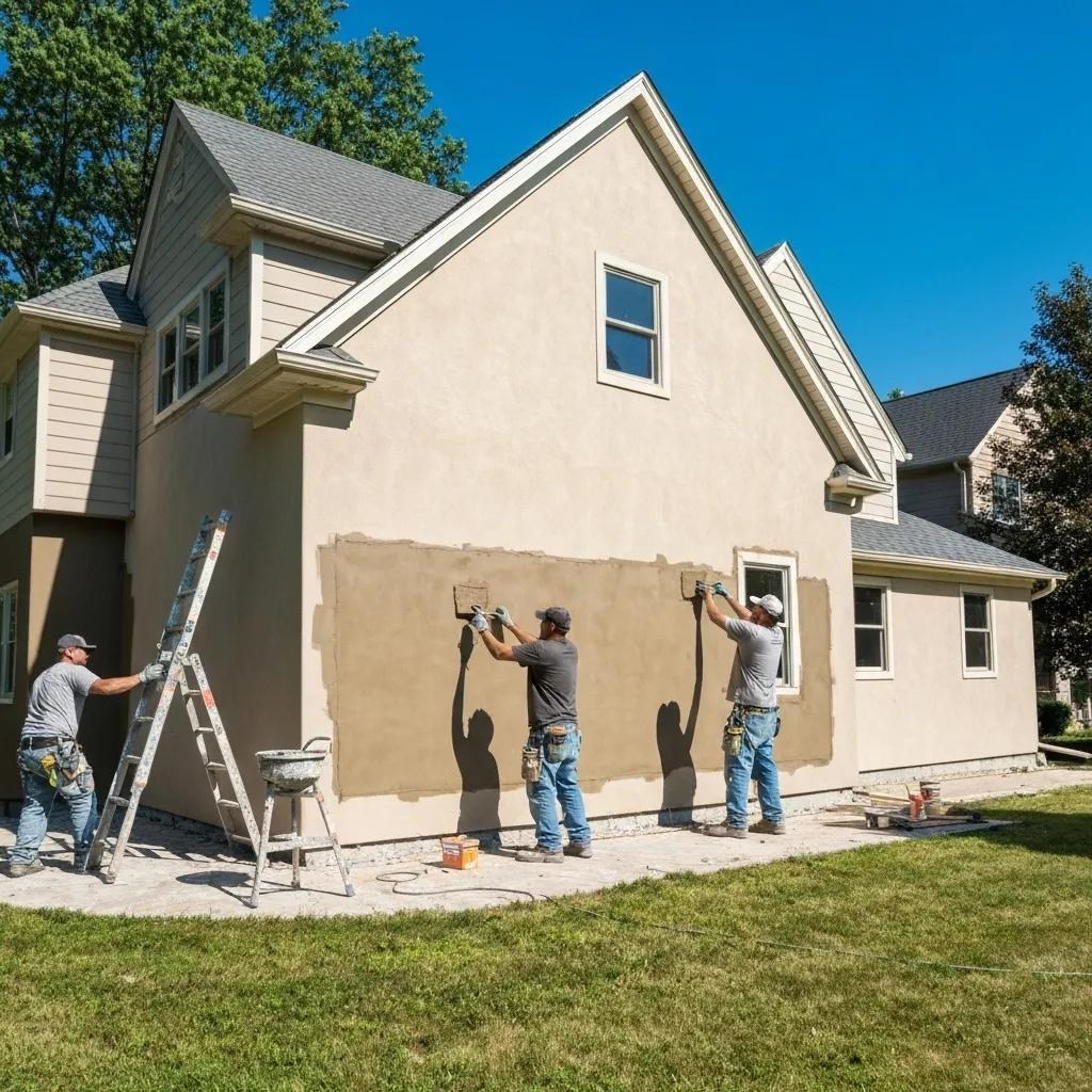SMG Plastering INC craftsman troweling fresh stucco on an upscale stone home exterior in Delaware County, PA