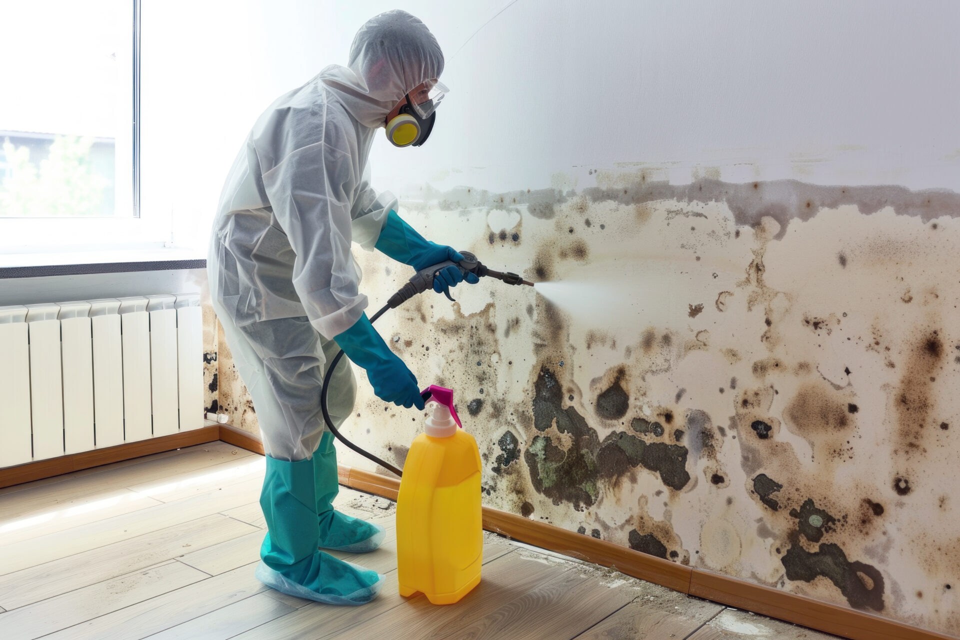 Mold remediation technician in protective gear working in a contained Media, PA basement